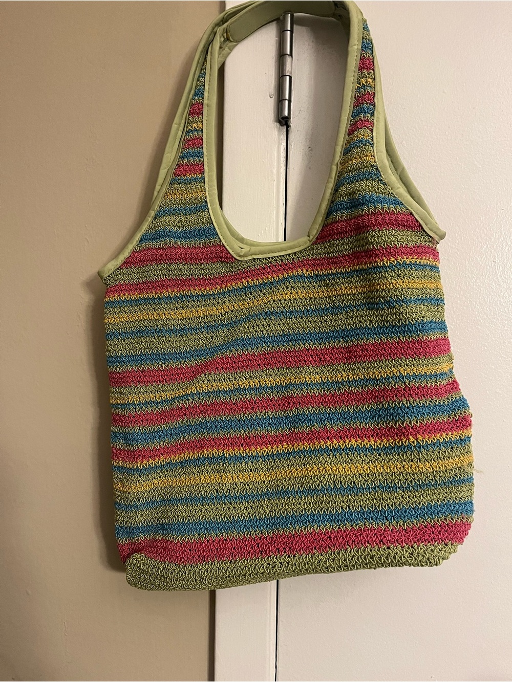 Handwoven Striped Crochet Tote Bag in Green, Pink & Blue